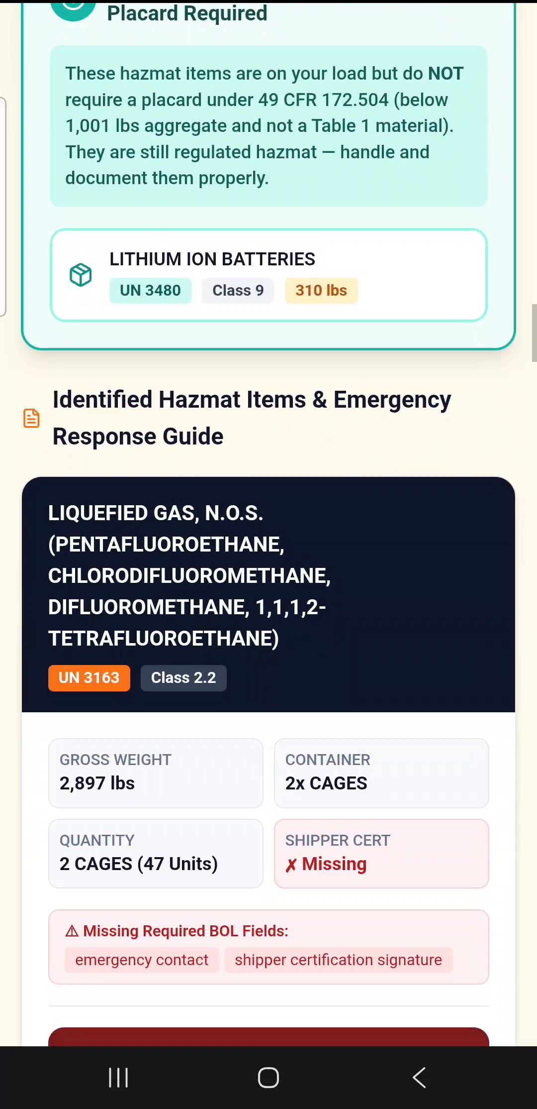 PlacardPro hazmat item detail card with gross weight, container type, and BOL fields