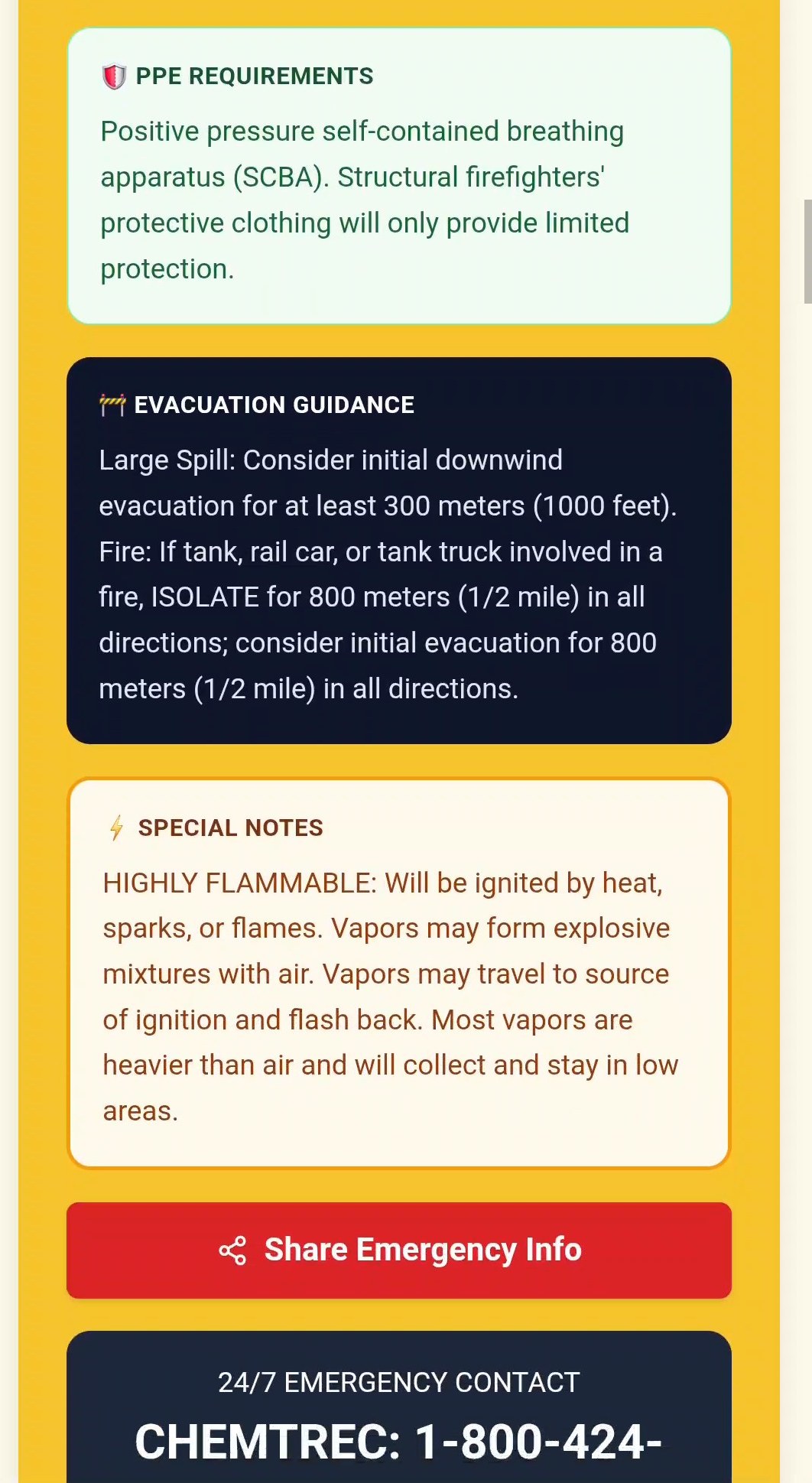 PlacardPro emergency response screen with firefighting, spill, and evacuation guidance