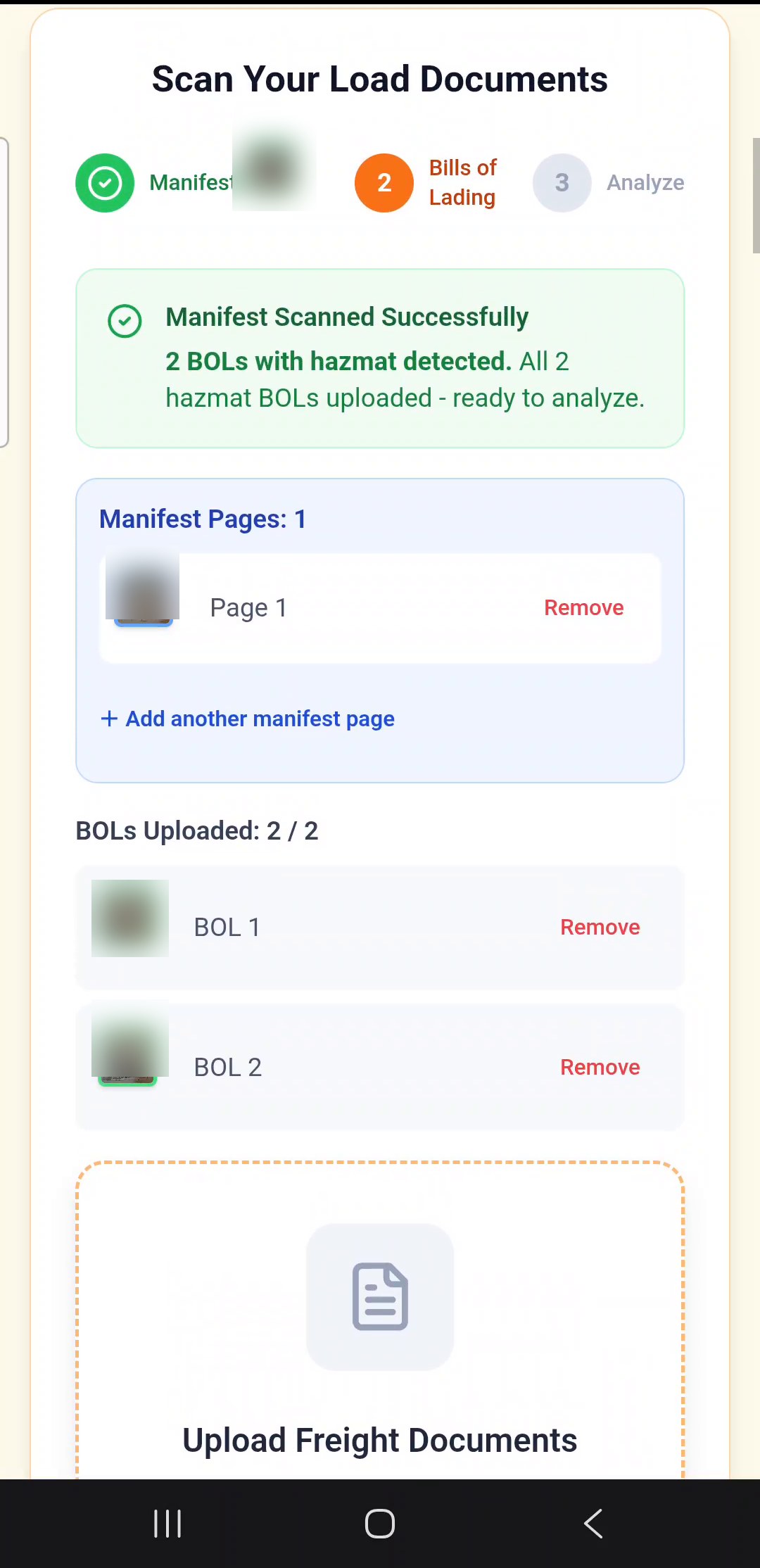 PlacardPro screen confirming the manifest and BOLs were scanned successfully